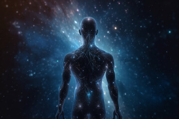 Fototapeta na wymiar State of mind, meditation, esoteric and spiritual life. Man dark silhouette in space background. Afterlife and connection with other worlds. Generative AI