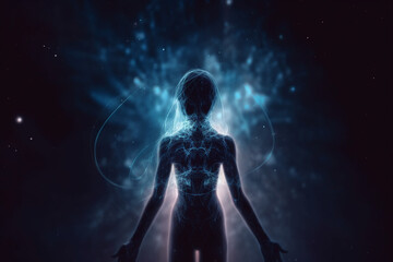 State of mind, meditation, esoteric and spiritual life. Woman dark silhouette in space background. Afterlife and connection with other worlds. Generative AI