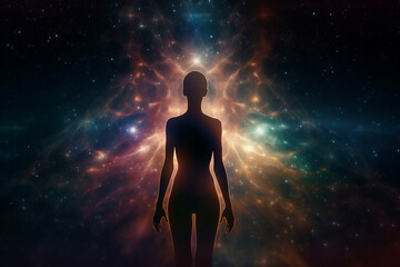 State of mind, meditation, esoteric and spiritual life. Woman dark silhouette in space background. Afterlife and connection with other worlds. Generative AI