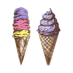 A hand-drawn colored sketch of a waffle cones with frozen yogurt or soft ice cream. Vintage illustration. Element for the design of labels, packaging and postcards.