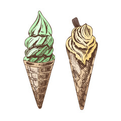 A hand-drawn colored sketch of a waffle cones with frozen yogurt or soft ice cream. Vintage illustration. Element for the design of labels, packaging and postcards.