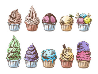 A hand-drawn colored sketch of ice cream balls, frozen yoghurt or cupcakes in cups. Set. Vintage illustration. Element for the design of labels, packaging and postcards.