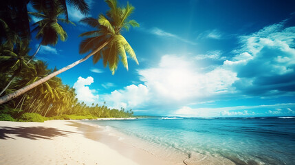 Obraz na płótnie Canvas Beautiful tropical beach sea ocean with coconut palm trees around white cloud blue sky for vacation travel background