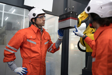 Caucasian technician engineer man with checking machine arm robot at factory	