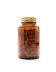 Isolated Brown Glass Bottle With Softgel Capsules OF Slippery Elm On Whitet Background, Copy Space...