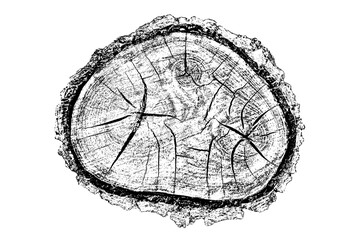 Wood texture cross section of tree rings. Cut slice of wooden stump isolated on white. Textured surface with rings and cracks. Black background made of hardwood from the forest. Vector illustration.