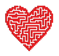 Vector illustrated composition of red color heart cubes shape a maze labyrinth game