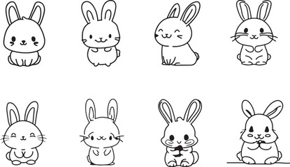 easter cute vector line art bunny set