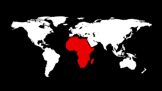 World map animation with red Africa. Appearance all continents into a whole world map on black background. Infographic design. Business or travel concept. Virus infection. 60 fps 3D animation.