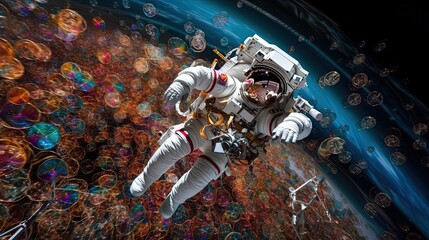 Obraz na płótnie Canvas A close-up portrait of an astronaut floating outside their spacecraft generative ai