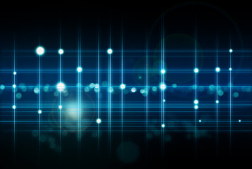 Lights, neon blue grid and futuristic with lines, metaverse and symbol against a black background. Effect, futuristic or connection with network, creative or innovation with programming or technology