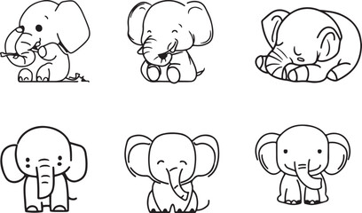 Set of Cute Elephant Vector Line Art