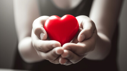 close up of hands holding red heart shape, people, love, charity, and family concept 