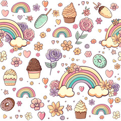 Sweets, desserts, flowers and rainbows seamless pattern. Cakes, donuts, ice cream, cupcakes repeated background. Pastel cartoon food. Delicate vector design for bakery, decorative wallpaper