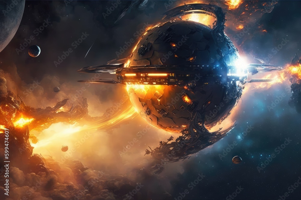 Poster space war human and alien in outer space for star colony. distinct generative ai image.