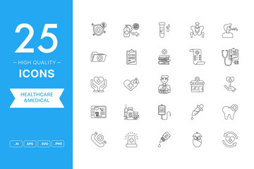 Vector set of Healthcare and Medical icons. The collection comprises 25 vector icons for mobile applications and websites.
