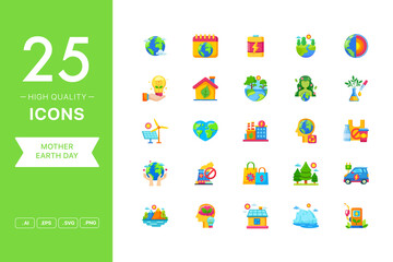 Vector set of Mother Earth Day icons. The collection comprises 25 vector icons for mobile applications and websites.