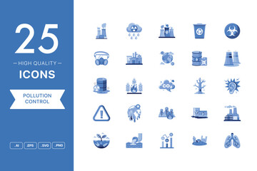 Vector set of Pollution Control icons. The collection comprises 25 vector icons for mobile applications and websites.