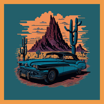 Retro poster, vector illustration, retro machine on the background of the desert landscape with cacti