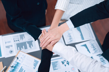 Top view closeup business team of suit-clad businesspeople join hand stack together. Colleague...