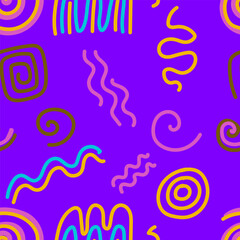 Seamless pattern squiggle scribble in 90s style. Bright colorful abstract doodle design with spiral, rounded shapes, geometric lines, curly. For textiles, paper, fabrics, wallpaper, wrapping