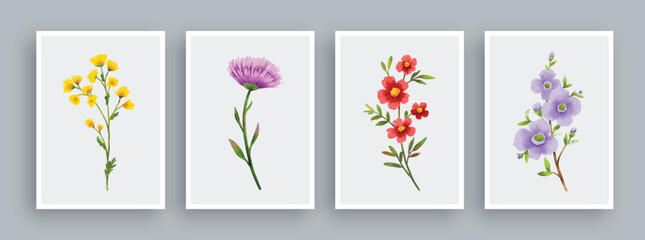 Wild flowers painting set in watercolor style. Wall art watercolor painting background.