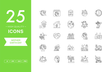 Vector set of Mother Earth Day icons. The collection comprises 25 vector icons for mobile applications and websites.