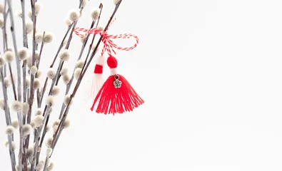 Foto op Canvas Martenitsa, Baba Marta, Martisor With Willow Twig on White Background. Traditional Symbol of Holiday March 1. Grandma Marta Day Celebration In Romania,Bulgaria,Moldova. Copy Space For Text. Horizontal © n.tati.m