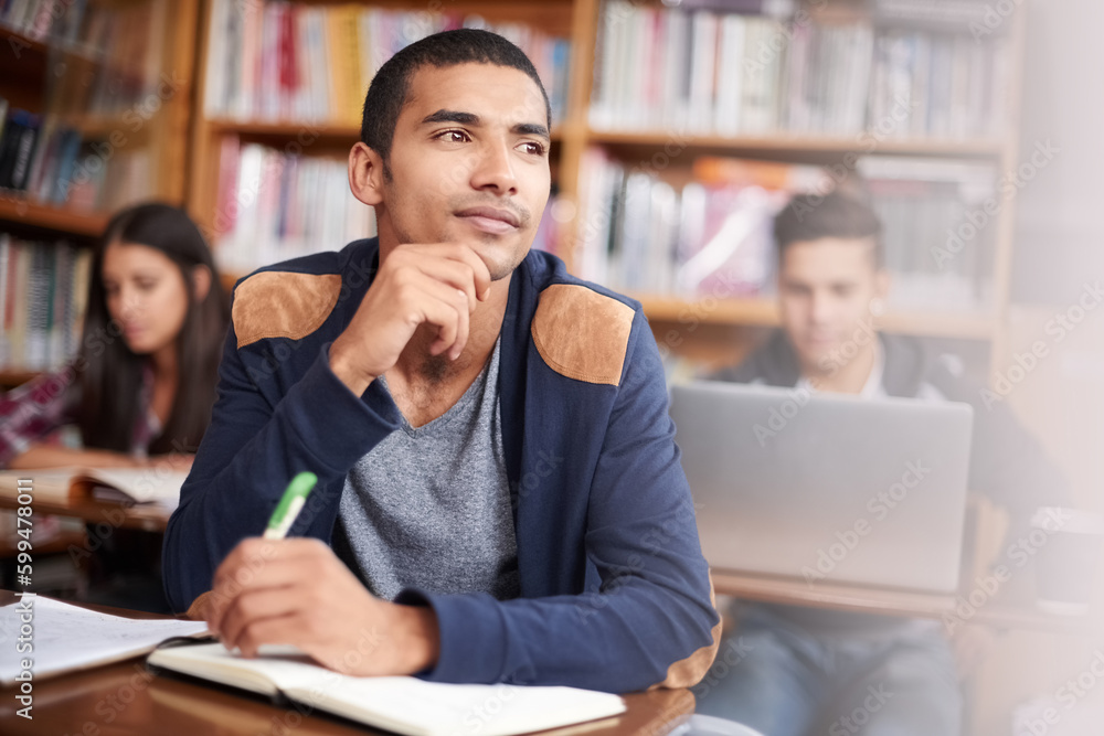 Poster study, writing and thinking with man in library for education, research and classroom quiz. focus, l