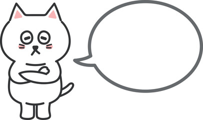 Cartoon white cat considering something with a speech bubble, vector illustration