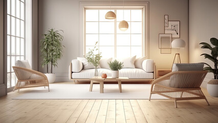 Fototapeta na wymiar A living room boasting a cozy off-white interior, accentuated by a wood floor and wooden furniture. Photorealistic illustration, Generative AI