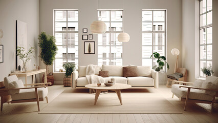 Fototapeta na wymiar A city apartment living room with a high ceiling, wood furniture, and large windows offering a street view. Photorealistic illustration, Generative AI