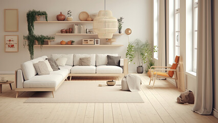 A spacious living room adorned with large windows, wood furniture, and a wood floor. Photorealistic illustration, Generative AI