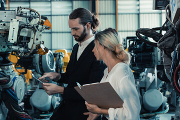 Robotic factory owner explain, discuss functionality and performance of robot systems with client. Answering questions about after-sales service. Price negotiation. Developing long-term relationships