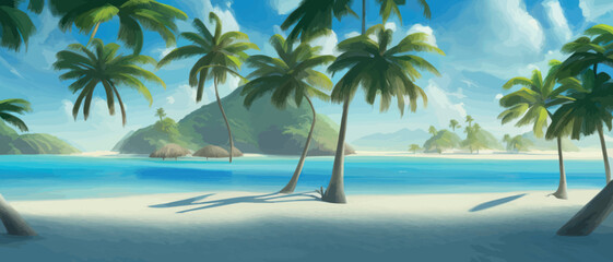 Fototapeta na wymiar stunning tropical beach with crystal clear water, palm trees, and blue sky, with copy space. Summer landscape on the sea. Vector illustration