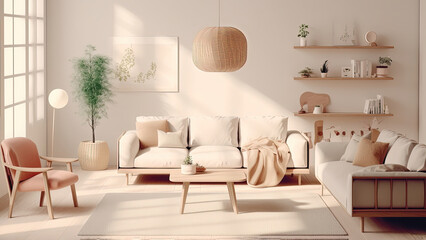An inviting living room filled with sunlight through the windows, illuminating the white interior. Photorealistic illustration, Generative AI