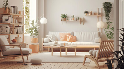 A compact yet cozy living room with the white interior creating a bright and sunlit ambiance, complemented by wooden furniture and a wood floor. Photorealistic illustration, Generative AI