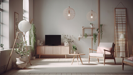 A sunlit living room with its high ceiling and large windows, featuring wooden furniture, a clean white interior. Photorealistic illustration, Generative AI