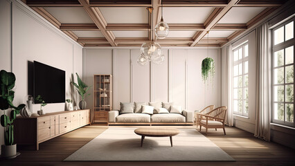 Fototapeta na wymiar A large living room with an abundance of natural sunlight pouring through its windows, accentuating the high ceiling, wooden furniture, and white interior. Photorealistic illustration, Generative AI