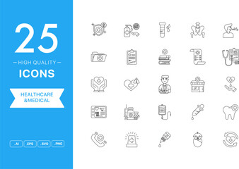 Vector set of Healthcare and Medical icons. The collection comprises 25 vector icons for mobile applications and websites.