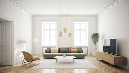 A minimalistic living room with a serene white interior, wooden furniture. Photorealistic illustration, Generative AI