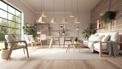 A living room overlooings a park, filled with sunlight streaming through a large window, highlighting the white interior with a touch of wood finish. Photorealistic illustration, Generative AI