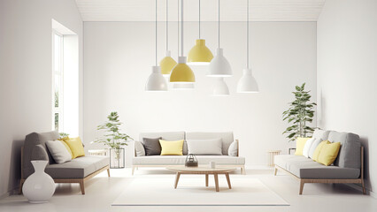 A white minimalistic lounge with natural light through a large window highlighting the wooden furniture and pendant lights. Photorealistic illustration, Generative AI