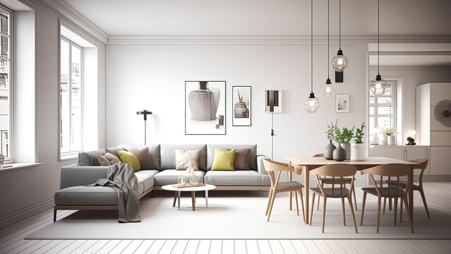 An open-plan living room that seamlessly integrates with a dining area, boasting a crisp white interior. Photorealistic illustration, Generative AI