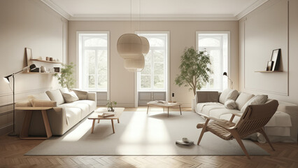 Fototapeta na wymiar A cozy living room with ample natural light streaming in through the expansive windows. Photorealistic illustration, Generative AI