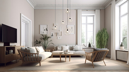 A high-ceilinged living room that features an inviting off-white color interior, streaming sunlight through the large windows. Photorealistic illustration, Generative AI