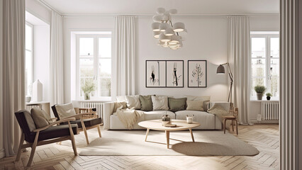 A white living room with surrounding windows that natural light floods the space, offering the city street view. Photorealistic illustration, Generative AI
