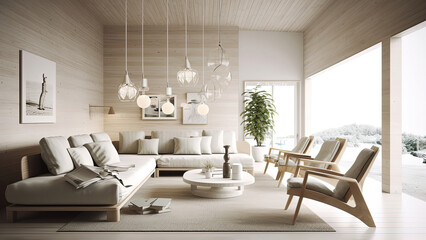 Fototapeta premium A cozy living room that is nestled in the midst of nature, offering relaxation with comfortable wooden sofa and chairs. Photorealistic illustration, Generative AI