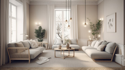 A small and cozy living room with an off-white interior that is sunlit through large windows, creating an inviting ambiance. Photorealistic illustration, Generative AI