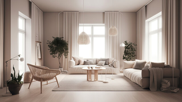A high-ceilinged living room that features an inviting off-white color interior, bathed in sunlight streaming through the surrounding windows. Photorealistic illustration, Generative AI